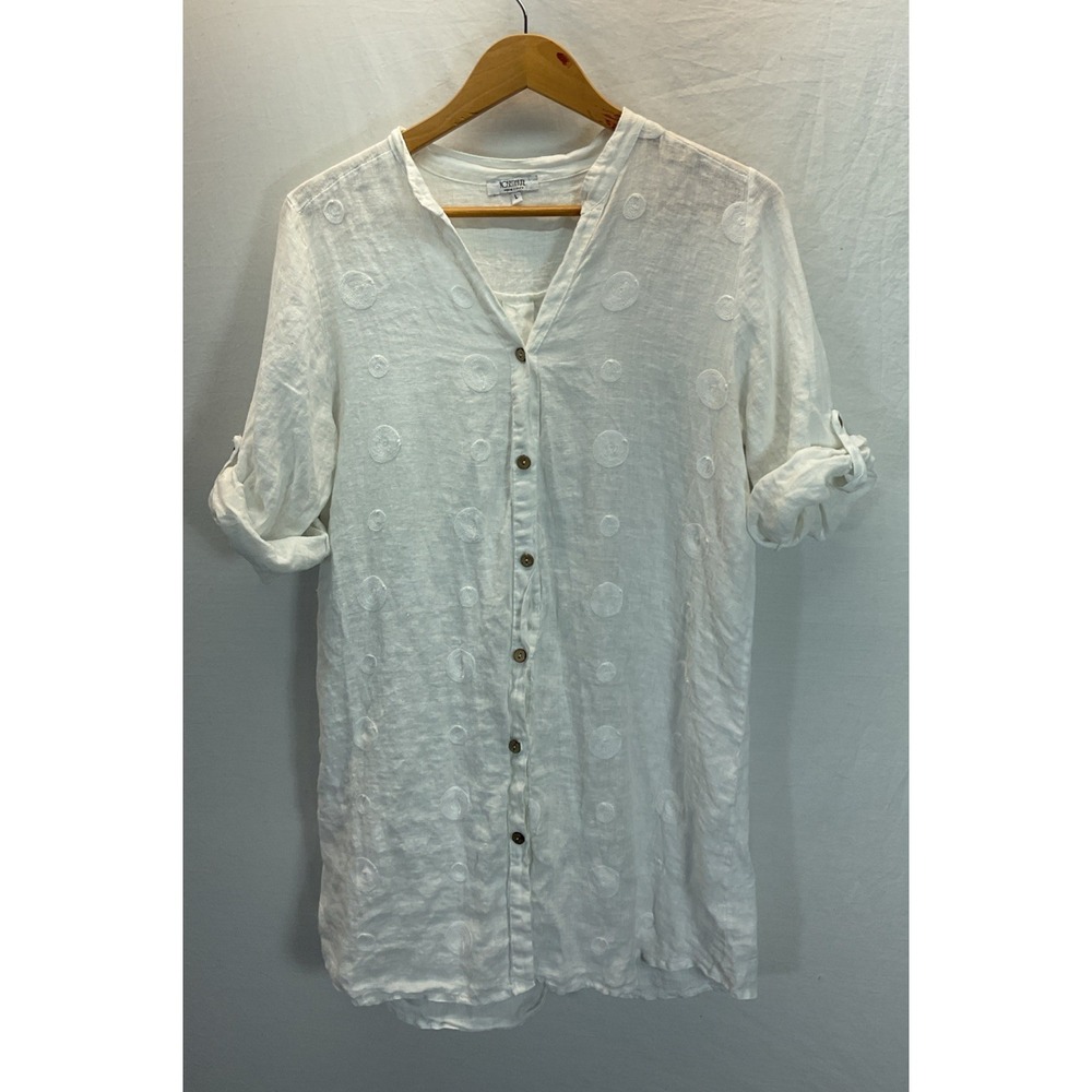 Rosemarine Made in Italy White 100% Linen Roll Tab Tunic Blouse L Swirl Pattern‎